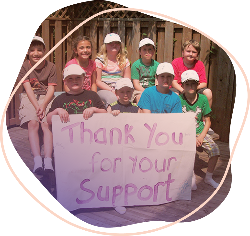A group of children holding a sign saying "Thank you for your support"